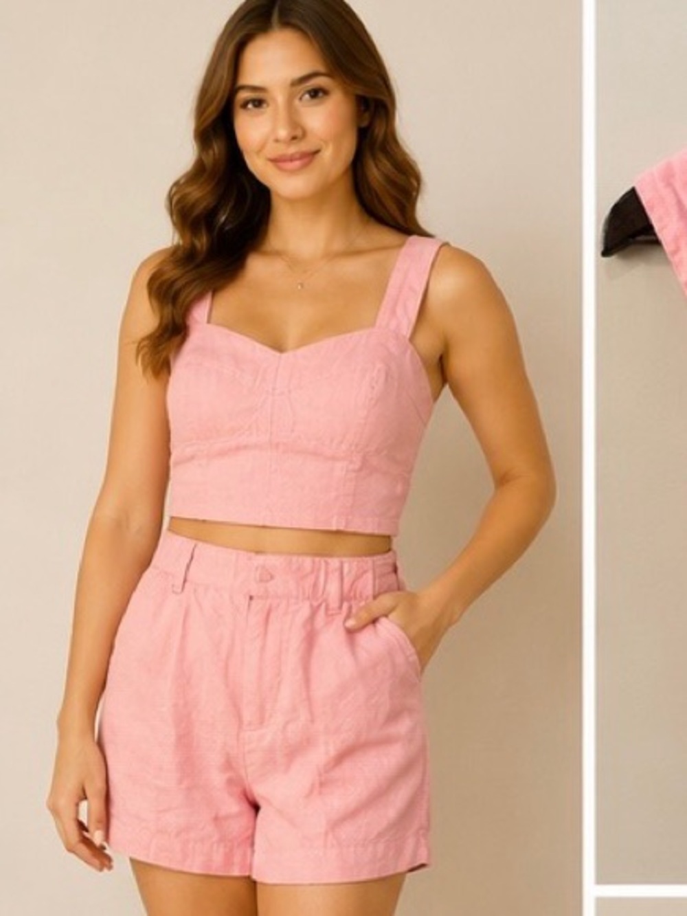 Abercrombie & Fitch Pink High-Waist Linen-Blend Shorts and Tank Set.